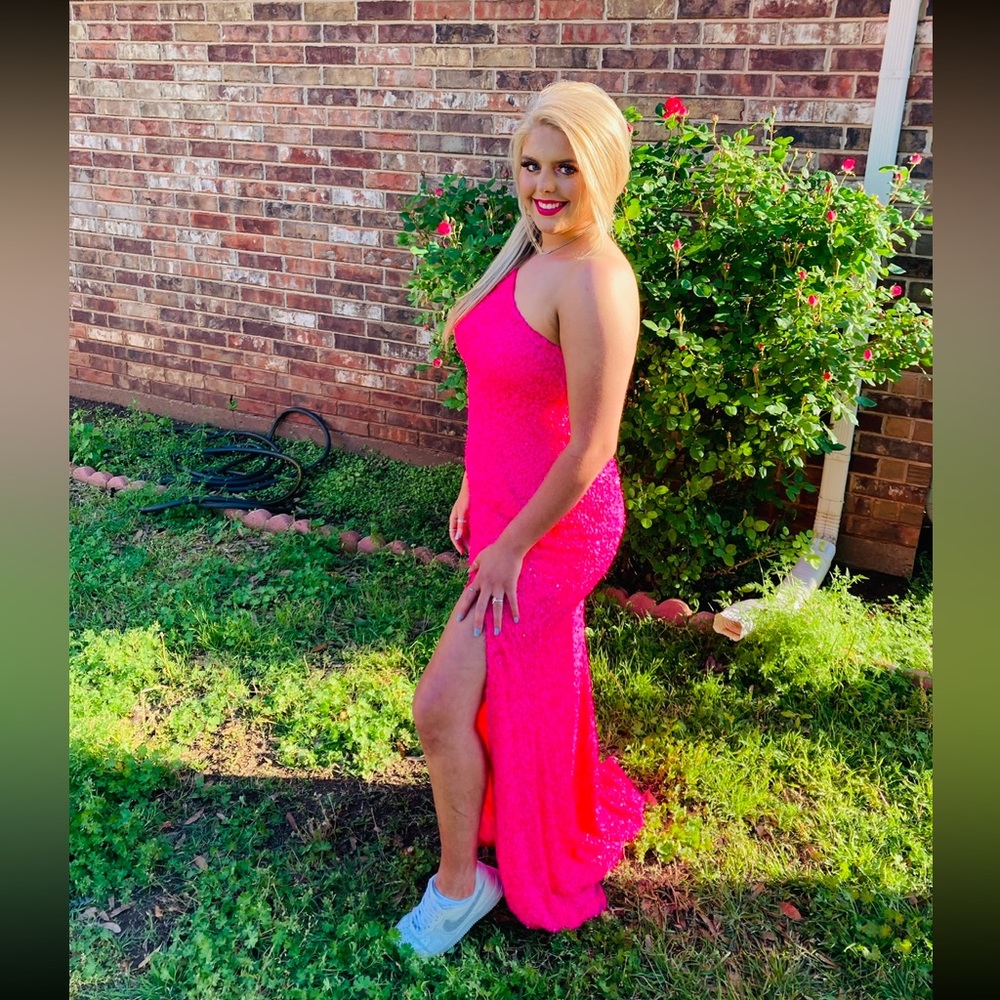 SHERRI HILL LONG SEQUIN HOT PINK PROM DRESS!